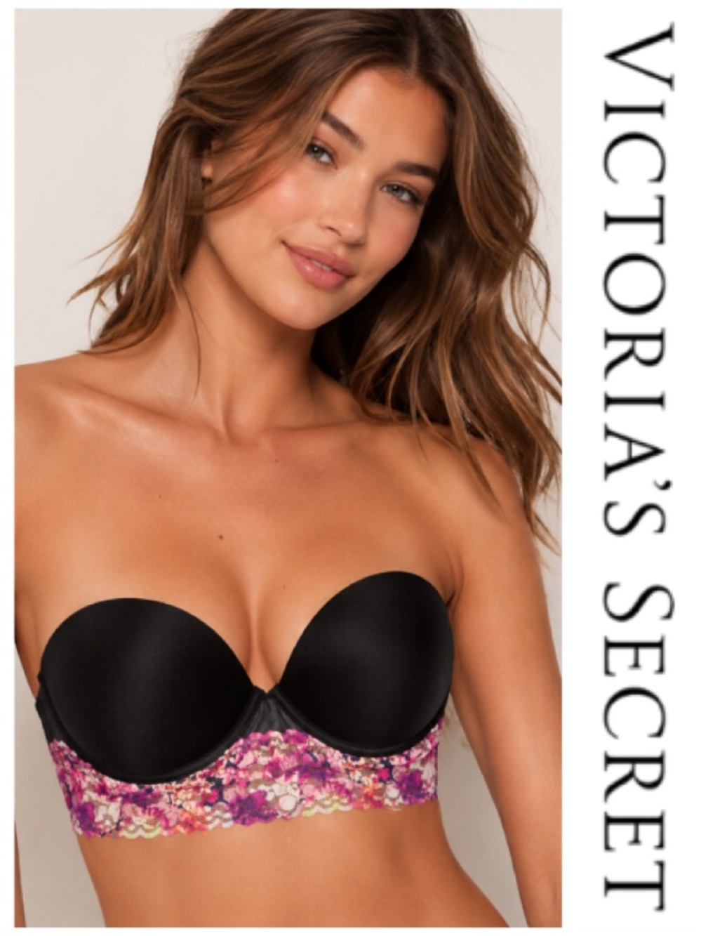 Victoria's Secret PINK Lace Floral Bustier Strapless Underwire Bra-Black (36C)